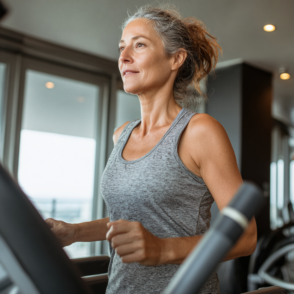 Жінка 52 років займається кардіо-тренуванням на біговій доріжці