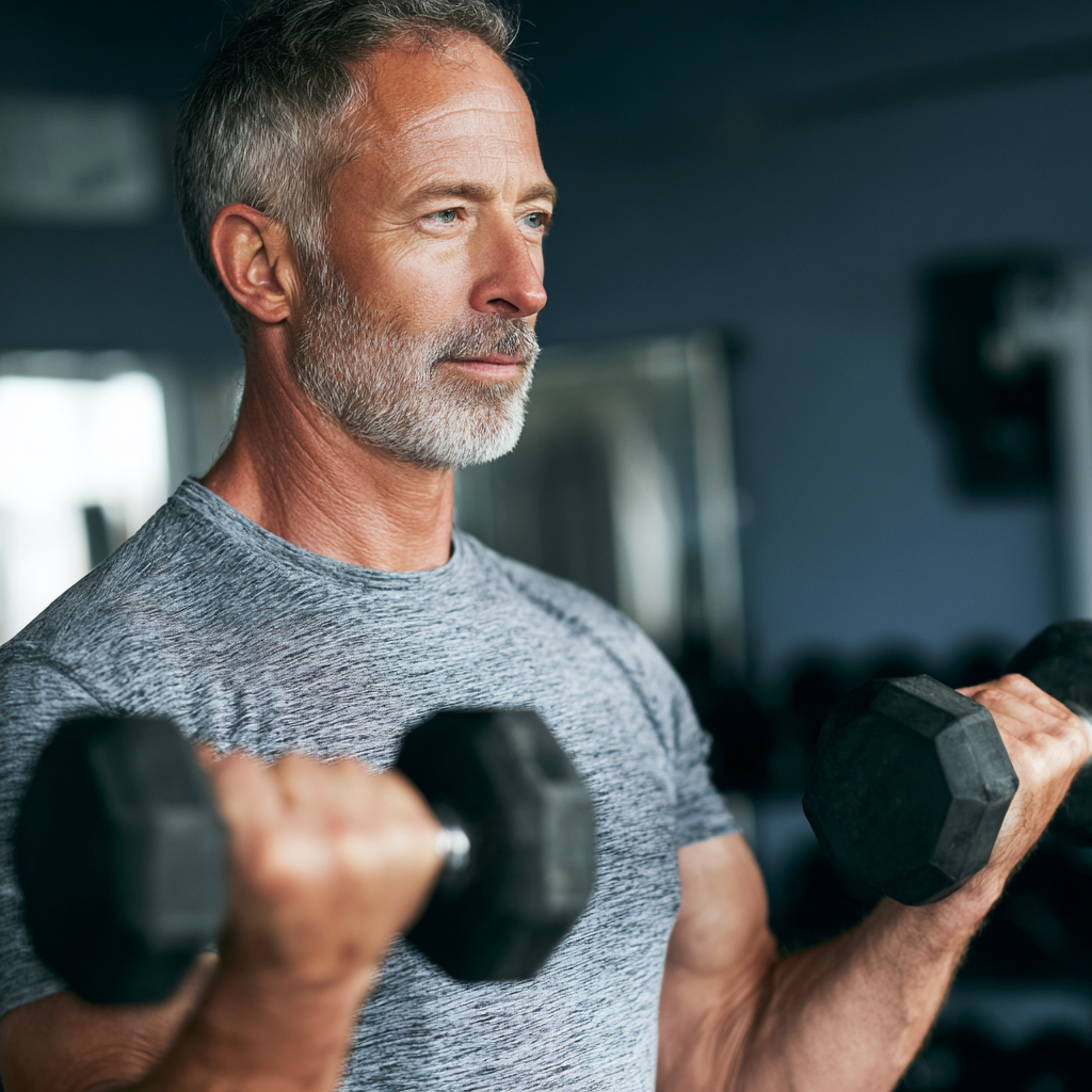 Чоловік 55 років виконує силові вправи з гантелями у спортивному залі