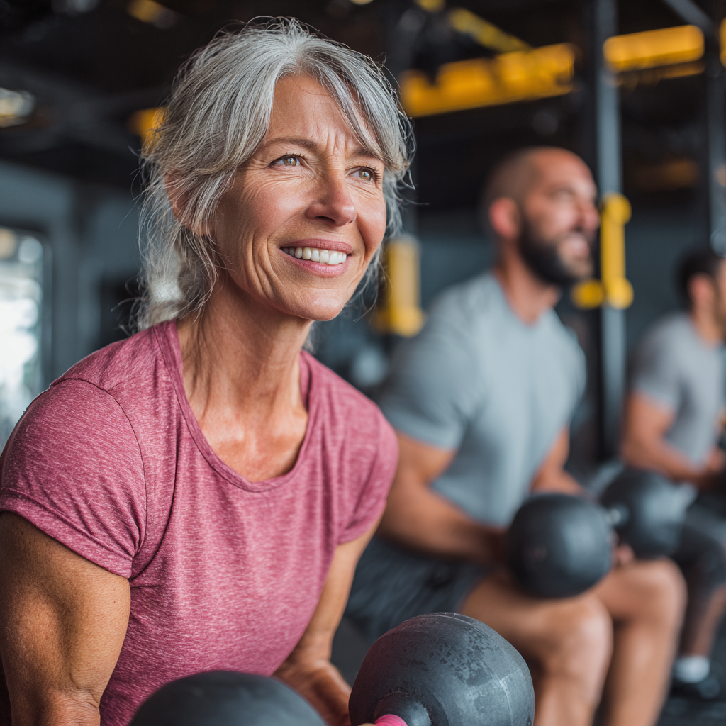 Жінка 58 років з тренером займається груповим фітнесом у сучасному залі