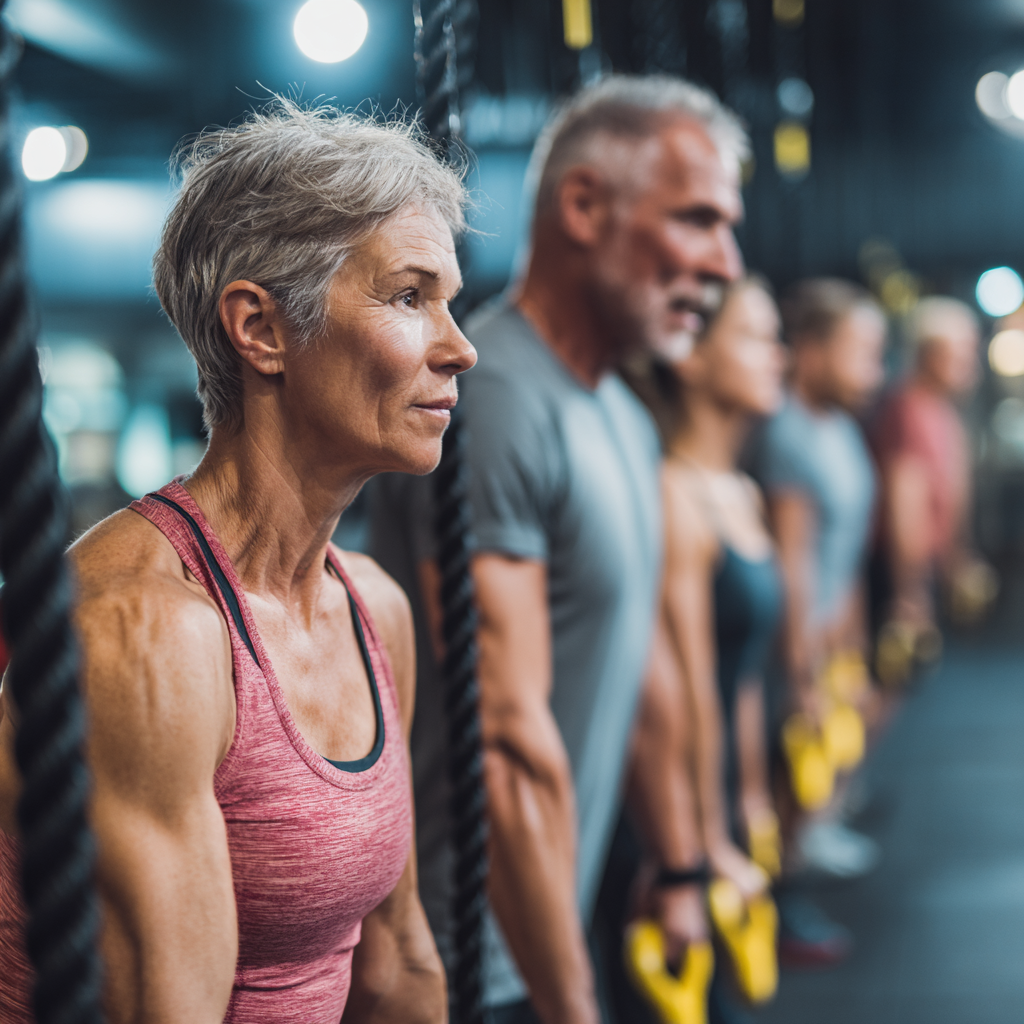 Група людей віком 50-60 років разом займається функціональним тренуванням